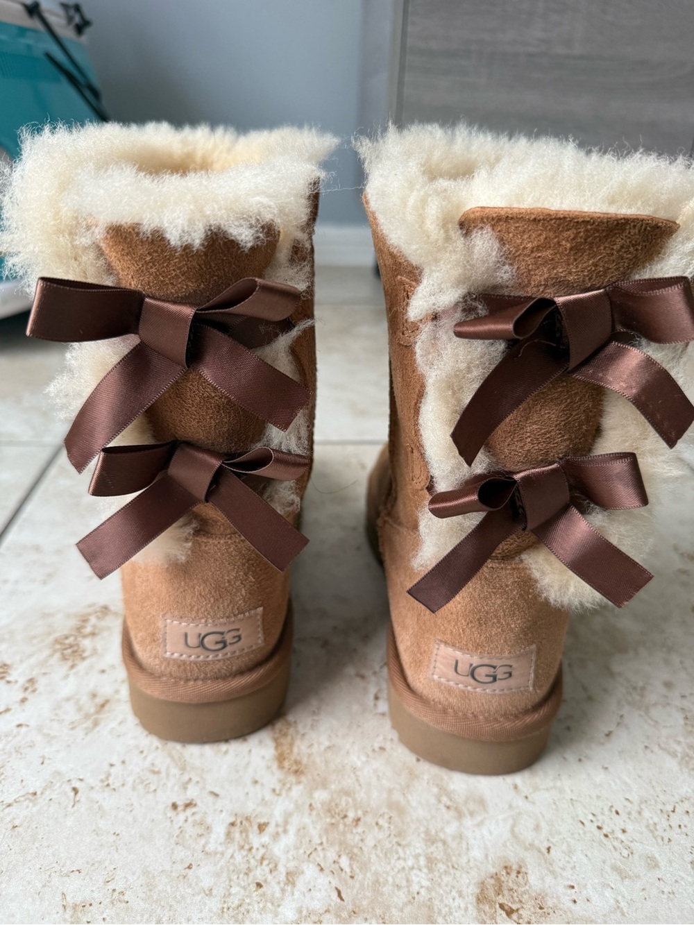 UGG Chestnut Suede Boots with Chocolate Ribbon Bows